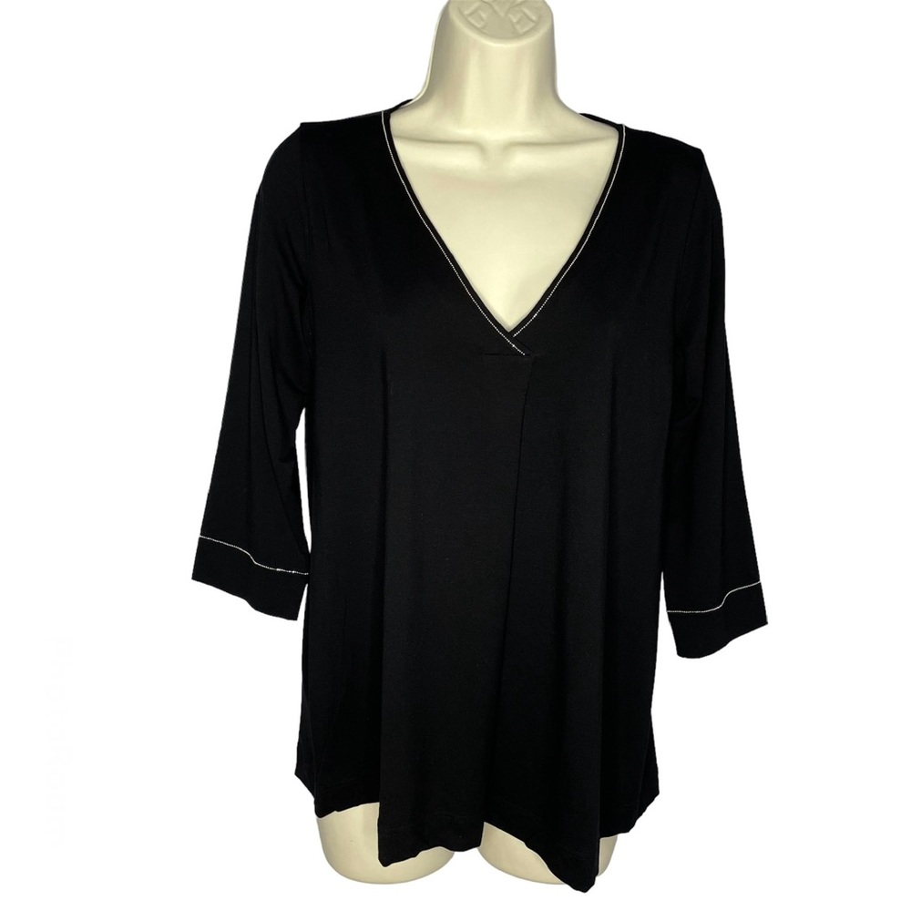D.Exterior V-neck Rhinestone Details Elbow Sleeve Black Top